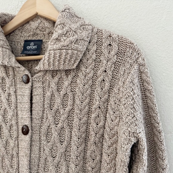 Aran Cable Knit Cardigan Sweater Womens XL Beige Collared New England Fisherman - Picture 8 of 11